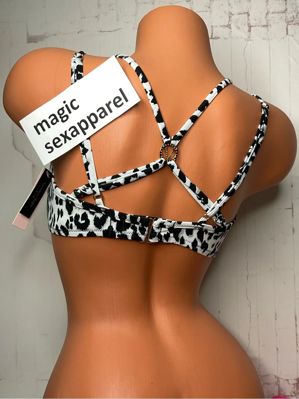 VS 36DD LOGO CRSTAL EMBELLISHMENTS PADDED BIKINI TOP RACERBACK PLUNGE LEOPARD